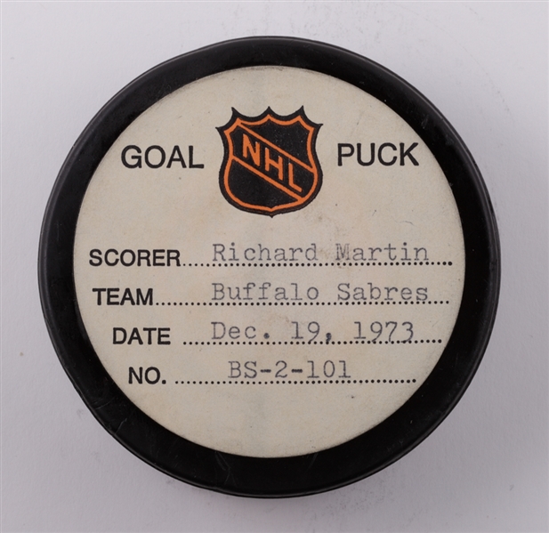 Richard Martins Buffalo Sabres December 19th 1973 Goal Puck from the NHL Goal Puck Program - 20th Goal of Season  /Career Goal #101 of 384