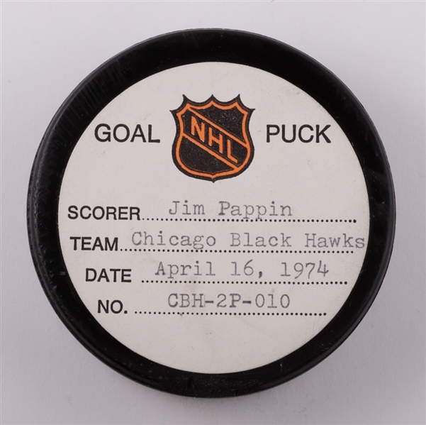 Jim Pappins Chicago Black Hawks April 16th 1974 Playoff Goal Puck from the NHL Goal Puck Program - 2nd PO Goal of Season / Career PO Goal #32 of 33