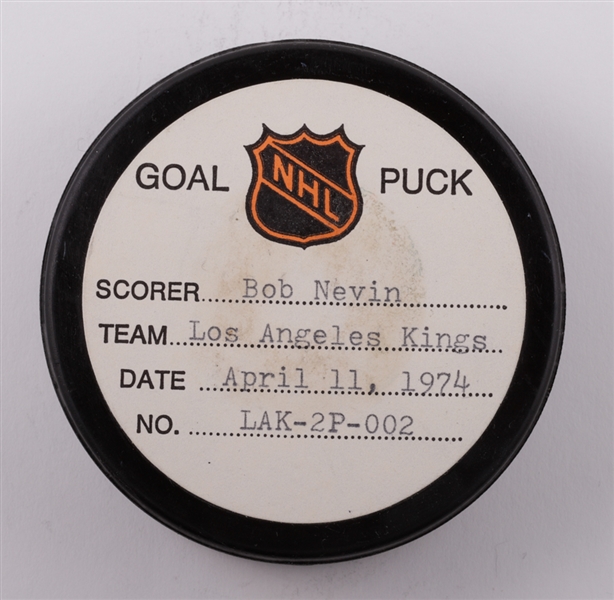 Bob Nevins Los Angeles Kings April 11th 1974 Playoff Goal Puck from the NHL Goal Puck Program - 1st Playoff Goal of Season / Career PO Goal #14 of 16