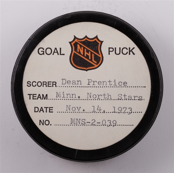 Dean Prentices Minnesota North Stars November 14th 1973 Goal Puck from the NHL Goal Puck Program - 2nd Goal of Season / Career Goal #391 of 391
