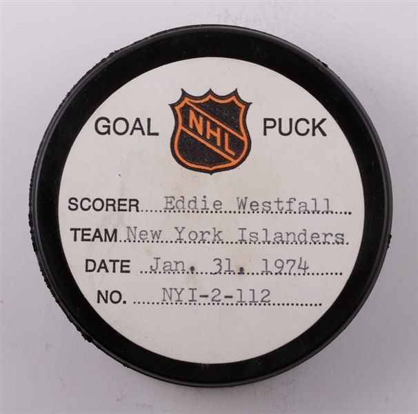 Eddie Westfalls New York Islanders January 31st 1974 Goal Puck from the NHL Goal Puck Program - 9th Goal of Season / Career Goal #150 of 231