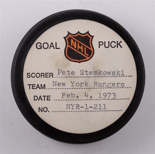 Pete Stemkowskis New York Rangers February 4th 1973 Goal Puck from the NHL Goal Puck Program - 17th Goal of Season / Career Goal #146 of 206