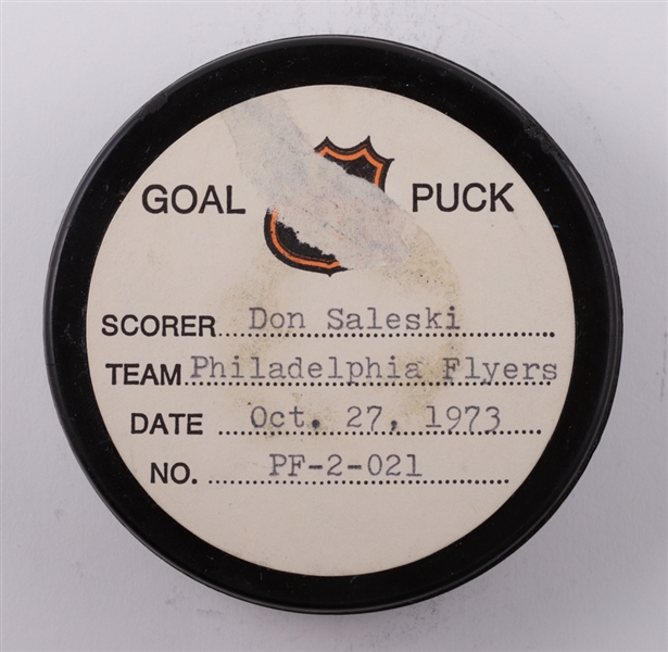 Don Saleskis Philadelphia Flyers October 27th 1973 Goal Puck from the NHL Goal Puck Program - 4th Goal of Season / Career Goal #16 of 128
