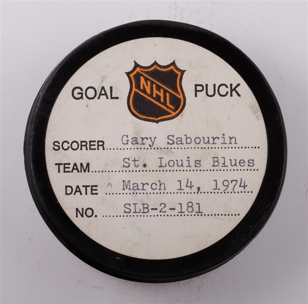 Gary Sabourins St. Louis Blues March 14th 1974 Goal Puck from the NHL Goal Puck Program - 7th Goal of Season / Career Goal #136 of 169