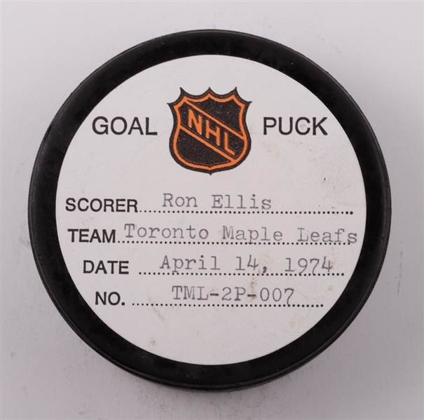 Ron Ellis Toronto Maple Leafs April 14th 1974 Playoff Goal Puck from the NHL Goal Puck Program - 2nd PO Goal of Season / Career PO Goal #11 of 18