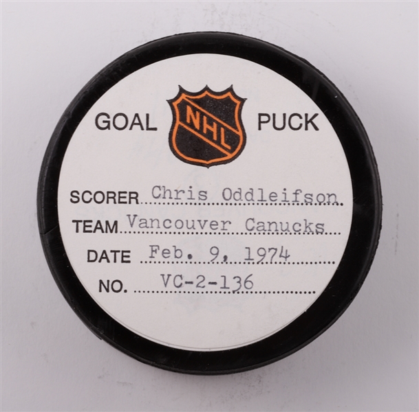 Chris Oddleifsons Vancouver Canucks February 9th 1974 Goal Puck from the NHL Goal Puck Program - 11th Goal of Season / Career Goal #11 of 95