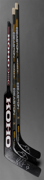 Patrick Roy and Joe Sakic (2) Signed Colorado Avalanche Game-Issued Sticks from Ray Bourque Collection with His Signed LOA