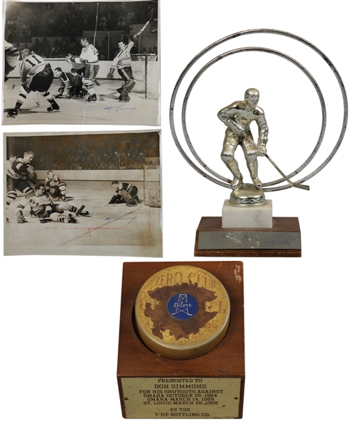Don Simmons Hockey Memorabilia Collection Including 1964-65 Tulsa Oilers "Zero Club" Award and 1966-67 WHL Vancouver Canucks All-Star Trophy with Family LOA