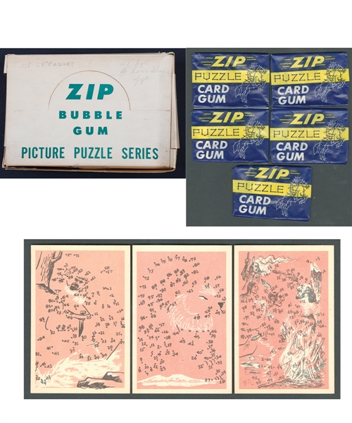 1959 Parkhurst Zip Bubble Gum Picture Puzzle Series Card Display Box Plus 5 Wrappers and 3 Cards
