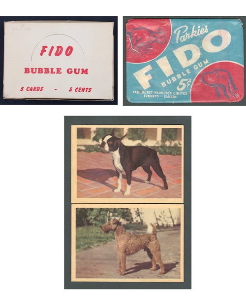 1955 Parkhurst Fido Bubble Gum Non-Sport Card Display Box Plus Wrapper and 2 Cards