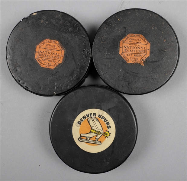 CCM Art Ross 1942-50 NHL Official Game Pucks (2) Plus Mid-1970s Denver Spurs WHA Official Game Puck