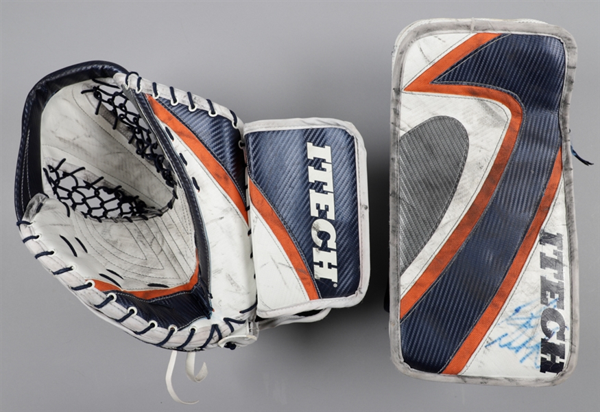 Rick DiPietros Mid-2000s New York Islanders Signed Itech Game-Used Goalie Glove and Blocker