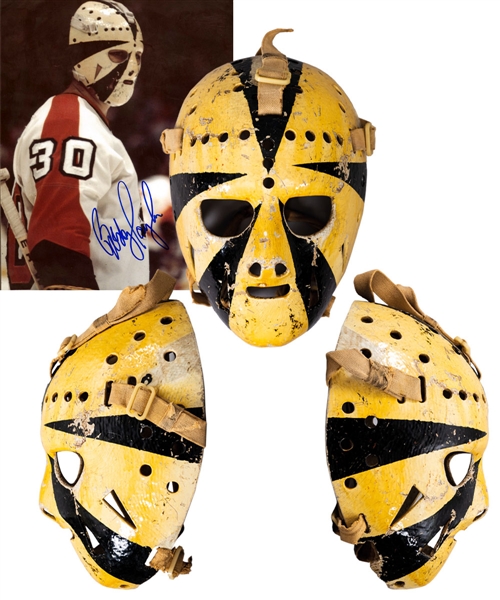 Bobby Taylor’s Early-1970s Philadelphia Flyers Game-Worn “Sunburst” Fiberglass Goalie Mask with His Signed LOA – Photo-Matched! 