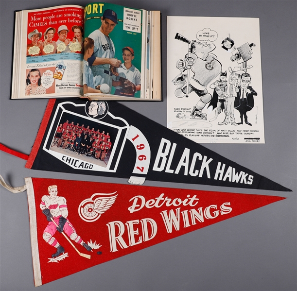 Vintage Hockey Memorabilia Collection with 1967 Gordie Howe Artwork, Red Wings and Black Hawks Pennants (3) and Much More!