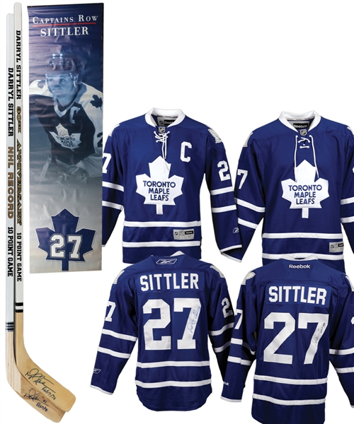 Darryl Sittler Signed Toronto Maple Leafs Captains Gala Banner, Jerseys (2) and "10-Point Night" Sticks (2)
