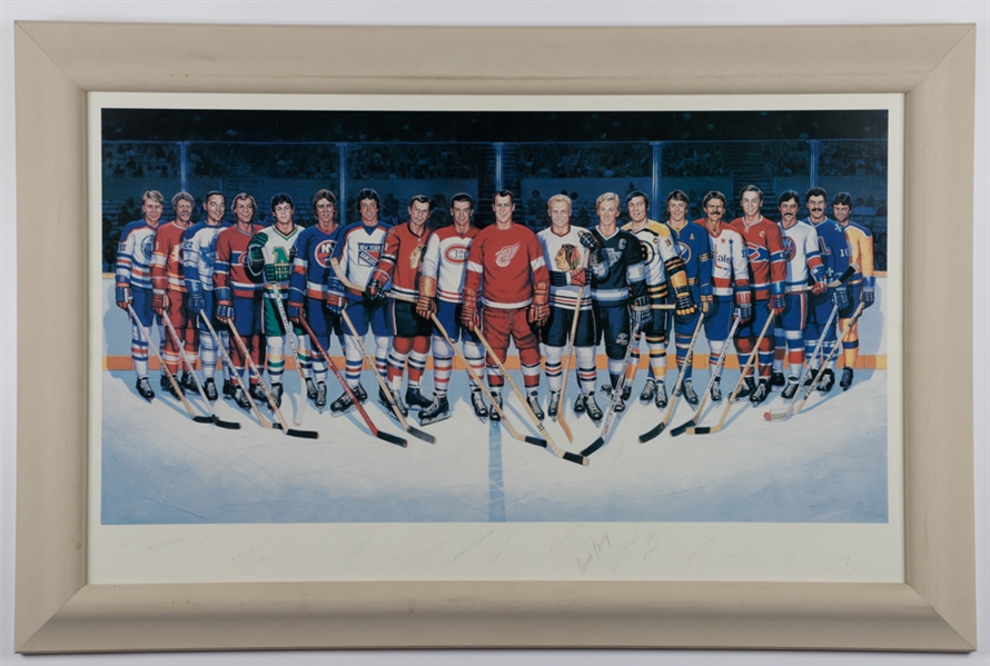 500-Goal Scorers Lithograph Autographed by 16 with Richard, Beliveau and Howe (28 ½” x 43”)
