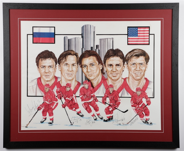 Detroit Red Wings "Russian Five" Lithograph Signed by Fetisov, Larionov, Konstantinov, Federov & Kozlov (28" x 34")