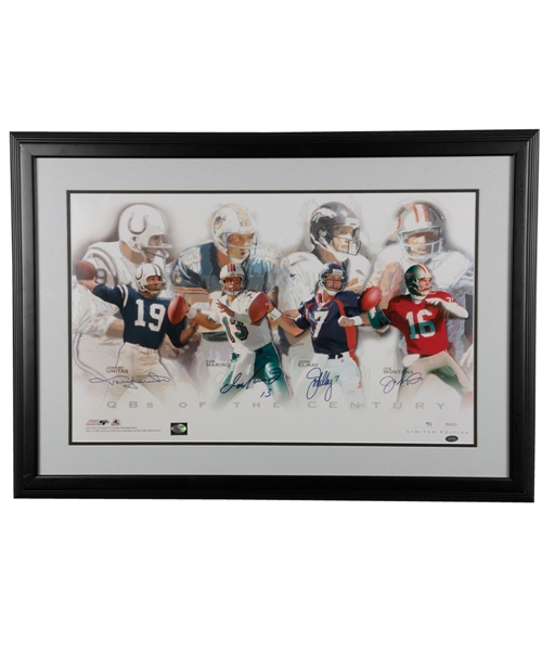 Unitas, Marino, Elway and Montana "QBs of the Century" Multi-Signed Framed Limited-Edition Print #71/500 Plus Montana/Rice Signed Photos Framed Montage