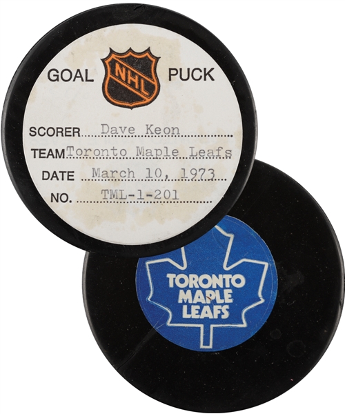 Dave Keons Toronto Maple Leafs March 10th 1973 Goal Puck from the NHL Goal Puck Program - 30th Goal of Season / Career Goal #317