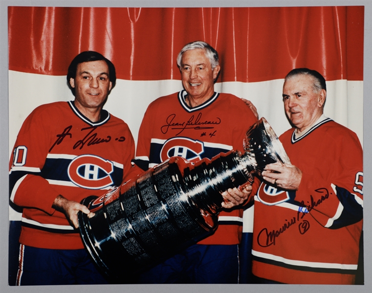 Montreal Canadiens Legends Maurice Richard, Jean Beliveau and Guy Lafleur Triple-Signed Photo with LOA (11” x 14”)