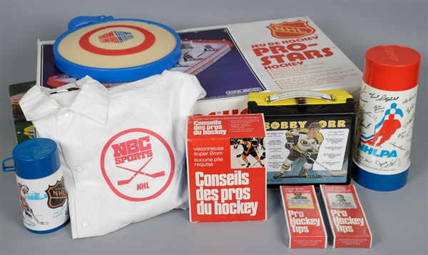 Vintage Hockey Memorabilia Collection with Early-1970s Pro Hockey Tips Super 8mm Film Cartridges and Viewer, NHL Lunch Boxes and Thermos Including Orr, Coleco Games and More!
