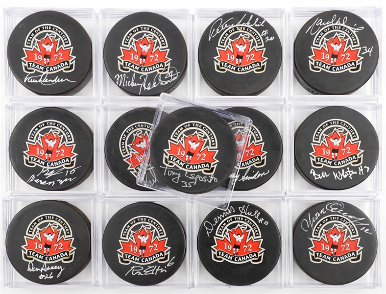 1972 Canada-Russia Series Team Canada Single-Signed Puck Collection of 13 with LOA Including Henderson, Cournoyer, Esposito Brothers and Mahovlich Bros