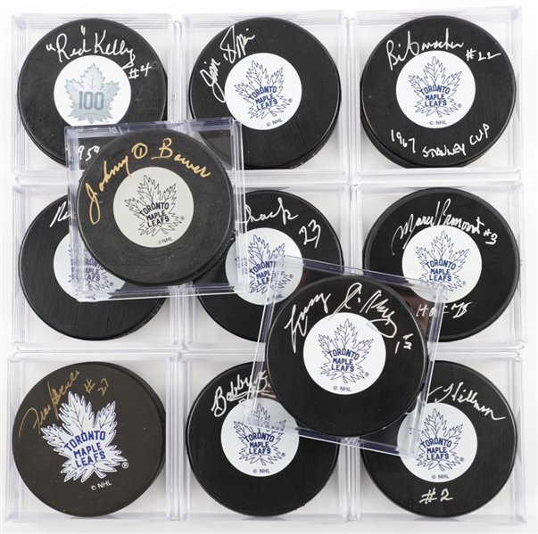 Toronto Maple Leafs 1966-67 Single-Signed Puck Collection of 11 with LOA Including Mahovlich, Kelly, Pronovost, Bower and Others