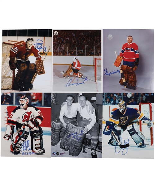 NHL Hockey Goalie Signed Photo Collection of 90 Including Numerous HOFers; Brodeur, Cheevers, Esposito, Bower, Worsley, Hall, Parent, Giacomin and Others