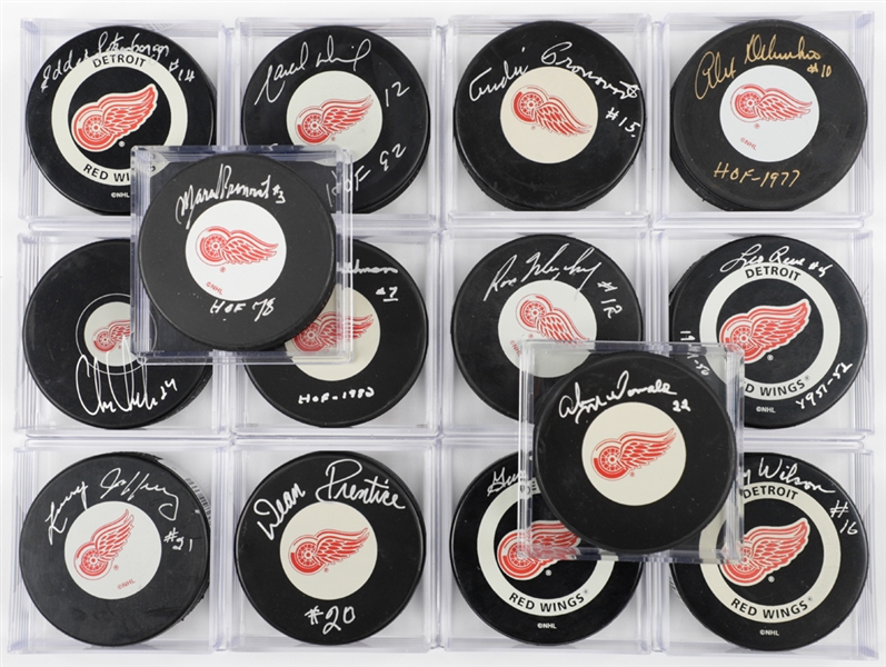 Detroit Red Wings All-Time Greats Single-Signed Puck Collection of 14 Including Delvecchio, Dionne, Ullman, Chelios, Pronovost and Others with LOA