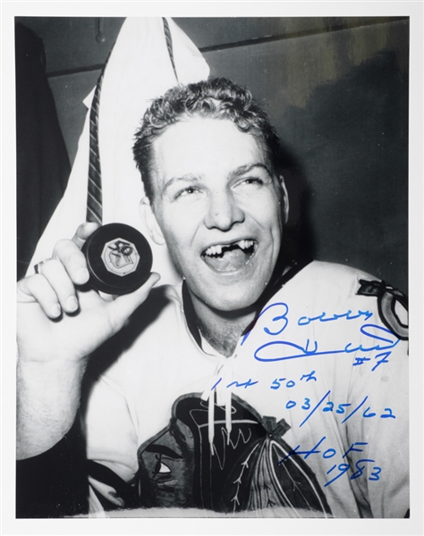 Bobby Hull Signed Chicago Black Hawks 1962 "50th Goal" Photo with Annotation, Black Hawks Puck and Winnipeg Jets Puck with LOA