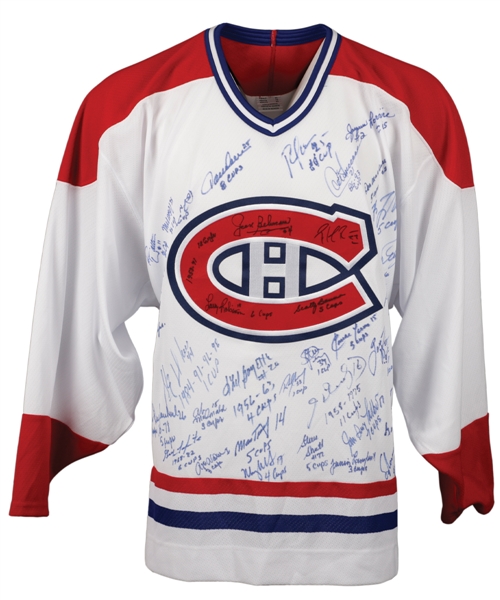 Montreal Canadiens Signed Jersey by 40+ Stanley Cup Champions Winners with Annotations Including 15 HOFers with LOA