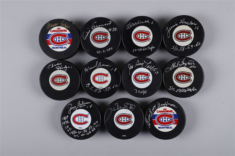 Montreal Canadiens 1959-60 Stanley Cup Champions Single-Signed Puck Collection of 11 with LOA Including Richard Bros, Geoffrion and Beliveau