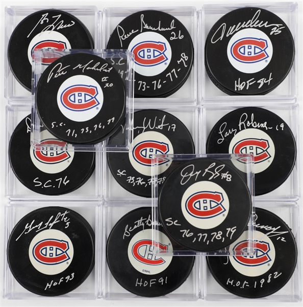 Montreal Canadiens 1975-76 Stanley Cup Champions Single-Signed Puck Collection of 11 with LOA Including Robinson, Cournoyer, Lafleur, Lemaire and Bowman