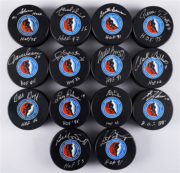 Hockey Hall of Fame Single-Signed Puck Collection of 14 with LOA Including Fuhr, Lafleur, Hall, Bowman, Smith, Robinson and Others
