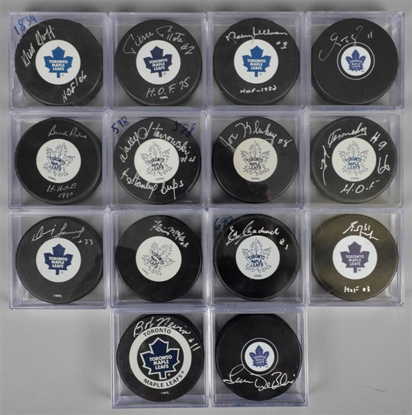 Toronto Maple Leafs Single-Signed Puck Collection of 14 with LOA Including Kennedy, Ullman, Pilote, Duff and Others