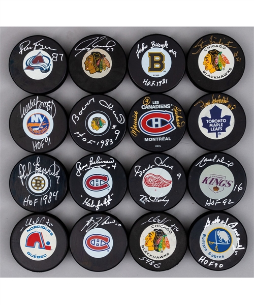 500-Goal Scorers Single-Signed Puck Collection of 16 with LOA Including Gordie Howe and Maurice Richard