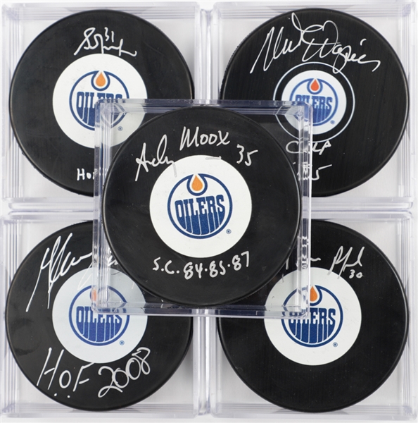 Edmonton Oilers Stanley Cup Champions Single-Signed Puck Collection of 5 with LOA Including Fuhr and Moog