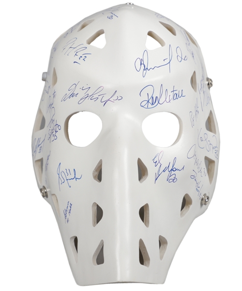 Mikula Goalie Mask Signed by 23 Goaltenders Including Roy, Hasek, Fuhr, Tretiak, Belfour, Bower, Cheevers, Parent and Others with LOA