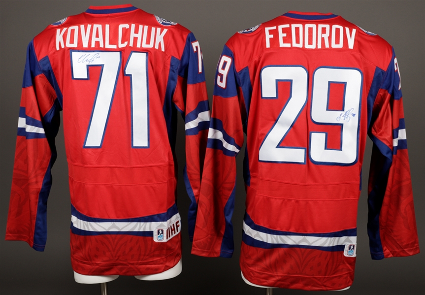 Team Russia 2010 Winter Olympics Single-Signed Jersey Collection of 3 Including Kovalchuk, Fedorov and Bryzgalov with LOA