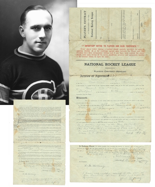 Howie Morenzs 1923-24 Montreal Canadiens Rookie Season Contract - Signed Twice by Morenz!