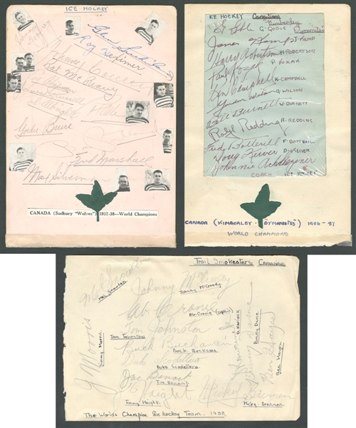 Team Canada World Champions 1936-37 Kimberley Dynamiters, 1937-38 Sudbury Wolves and 1938-39 Trail Smoke Eaters Team-Signed Sheets Plus C.1935 Arsenal Football Club Team-Signed Sheet