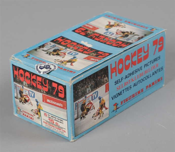 1979 Panini Hockey Stickers Full Box (100 packs), 1983-84 Vachon 140-Card Set in Panels and 1984-85 Edmonton Oilers Red Rooster Uncut Sheets (4)