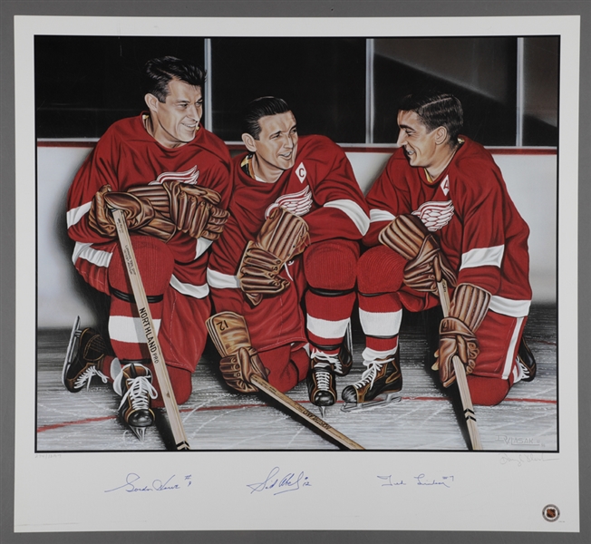 Detroit Red Wings Production Line Limited-Edition Lithograph Autographed by Howe, Abel and Lindsay with LOA (27” x 29 ½”)