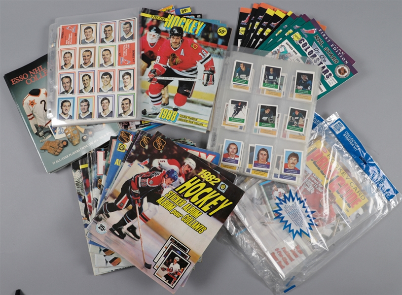 1972-73 Eddie Sargent Complete Hockey Stamp Set in Panels (224 Stamps Total) Plus 1979-1989 Panini and O-Pee-Chee Sticker Sets and Starter Sets in Albums