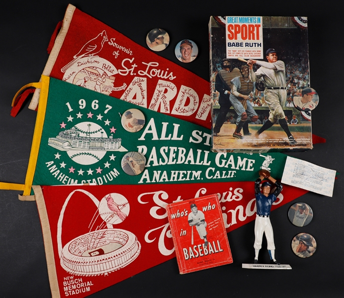 Vintage Baseball Memorabilia Collection Including 1965 Aurora "Great Moments in Sport" Babe Ruth Model Kit, 1969 Boston Red Sox Portraits, Vintage Pennants and More!
