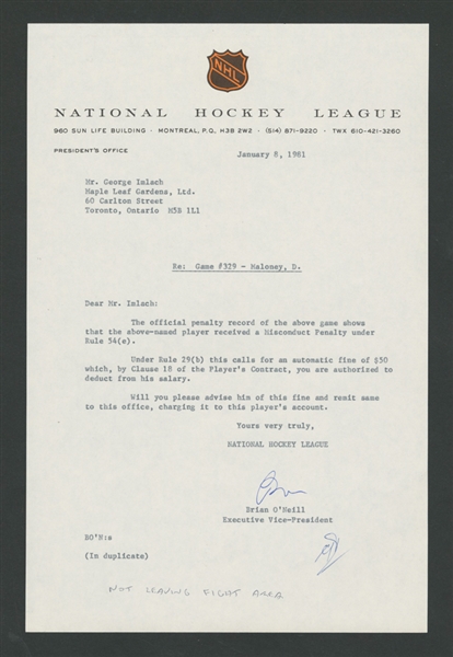 Toronto Maple Leafs Late-1970s/Early-1980s Dan Maloney Official NHL Document Collection of 5 with HOFers Punch Imlach and Brian ONeill Signatures