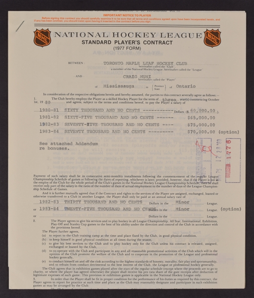 Toronto Maple Leafs 1980s Official NHL Contracts of Terry Martin, Curt Ridley and Craig Muni Including Signatures of Deceased HOFer Punch Imlach