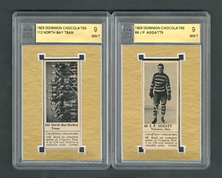 1925 Dominion Chocolate Hockey Cards #68 J.P. Aggatts and #112 North Bay Hockey Team (with Tabs) - Both Graded ACA 9 MT