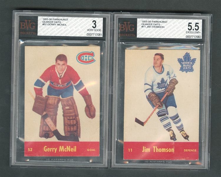 1955-56 Quaker Oats BVG-Graded Hockey Cards of #11 Jim Thomson and #52 Gerry McNeil Plus 1952-53 Laval Dairy QHL Hockey Card Collection of 6