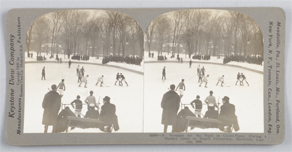 Scarce 1909 Keystone Stereoview Card of a Hockey Game at McGill University